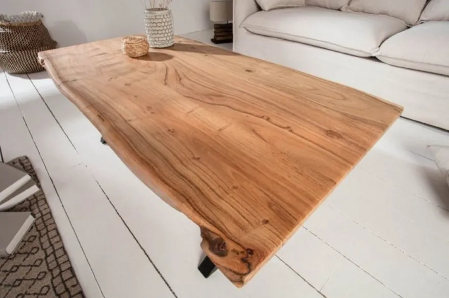 Casa Padrino Massivholz Couchtisch mit Metallbeinen Naturfarben / Schwarz 118 x 60 x H. 40 cm - Rechteckiger Wohnzimmertisch - Massivholz Wohnzimmer Möbel