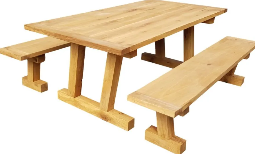 Casa Padrino Massivholz Esszimmer Set Naturfarben - Eichenholz Esstisch mit 2 Sitzbänken - Esszimmmer Möbel - Restaurant Möbel - Massive Eichenholz Möbel