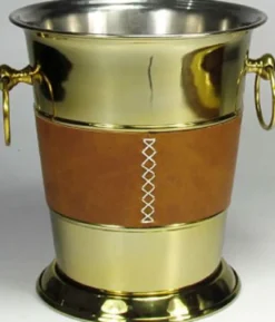 Casa Padrino Messing Weinkühler mit Leder Gold / Braun / Silber 26 x 23 x H. 25 cm - Sektkühler - Champagnerkühler - Luxus Accessoires