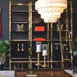 Casa Padrino Metall Regalschrank mit Leiter Gold / Schwarz 245 x 45 x H. 223 cm