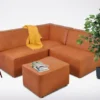 Casa Padrino Modulares Luxus Kunstleder Ecksofa mit Hocker Braun