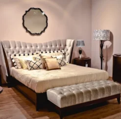 Casa Padrino Neoklassisches Doppelbett Grau / Dunkelbraun 240 x 230 x H. 134 cm - Massivholz Bett mit Kopfteil und edlem Velourstoff - Schlafzimmer Möbel im Neoklassischem Stil