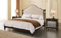 Casa Padrino Neoklassisches Doppelbett Hellbeige / Dunkelbraun / Silber 193 x 218 x H. 168 cm - Massivholz Bett mit Kopfteil und edlem Velourstoff - Schlafzimmer Möbel im Neoklassischem Stil