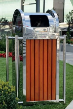 Casa Padrino Park Abfallbehälter Silber / Braun H. 90 cm - Stadt Abfalleimer - Edelstahl Mülleimer