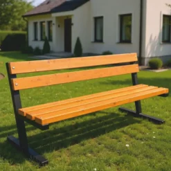 Casa Padrino Parkbank mit Rückenlehne Naturfarben / Schwarz 200 cm - Stadtbank - Gartenbank - Outdoor Sitzbank