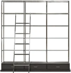 Casa Padrino Regalschrank mit Leiter Silber / Schwarz 220 x 45 x H. 240 cm - Bücherschrank - Wohnzimmer Schrank - Büro Schrank - Wohnzimmer Möbel - Büro Möbel - Luxus Möbel