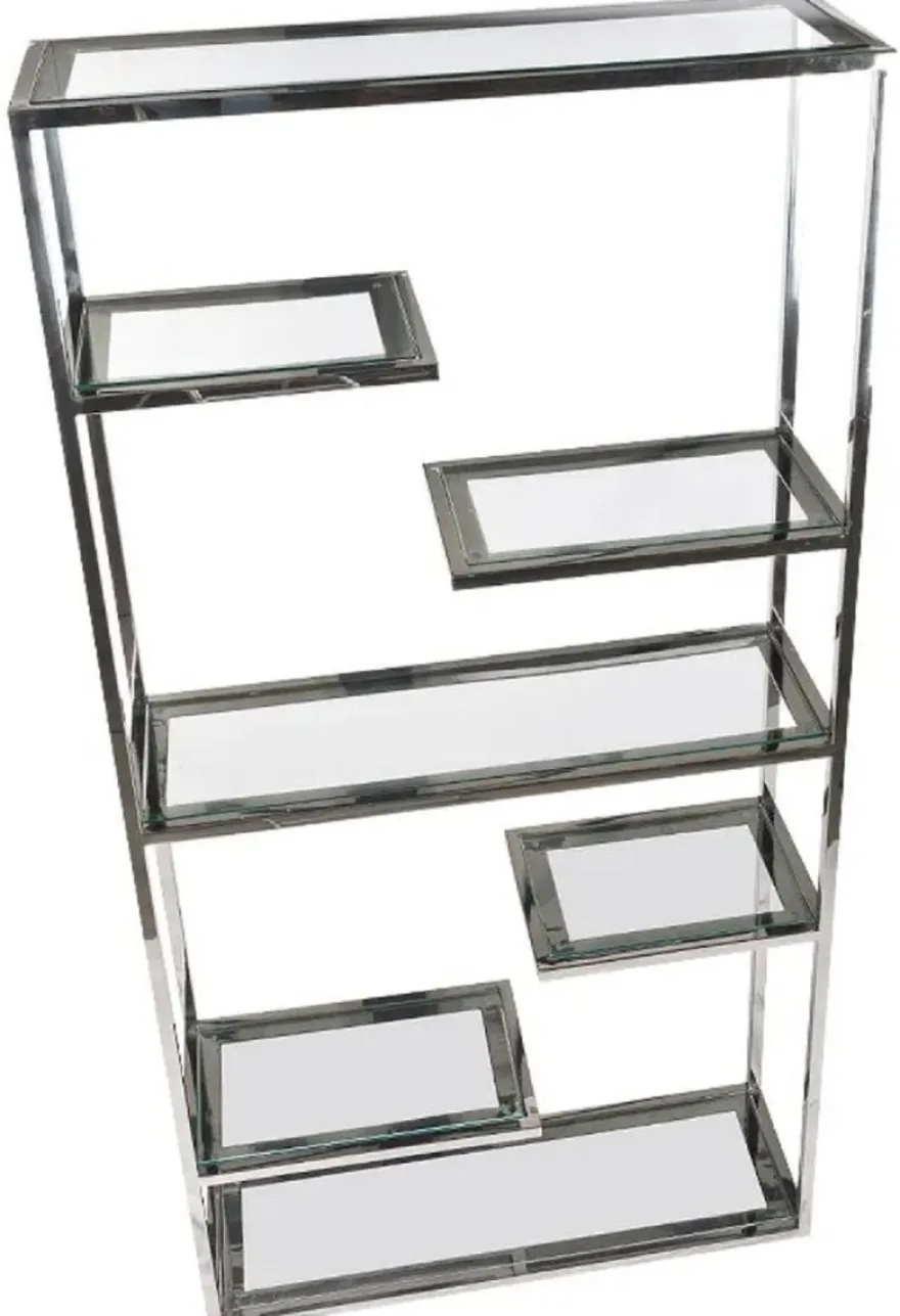 Casa Padrino Regalschrank mit Glasregalen Silber 110 x 36 x H. 220 cm - Bücherschrank - Wohnzimmer Schrank - Büro Schrank - Wohnzimmer Möbel - Büro Möbel - Luxus Möbel