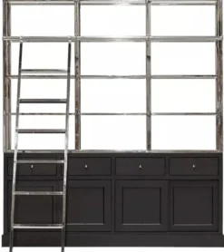 Casa Padrino Regalschrank mit Leiter Schwarz / Silber 219 x 43 x H. 240 cm - Bücherschrank - Wohnzimmer Schrank - Büro Schrank - Wohnzimmer Möbel - Büro Möbel - Luxus Möbel