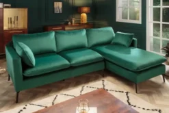 Casa Padrino Samt Ecksofa Smaragdgrün / Schwarz 260 x 160 x H. 93 cm - Wohnzimmer Sofa mit Kissen im Retro Style - Wohnzimmer Möbel