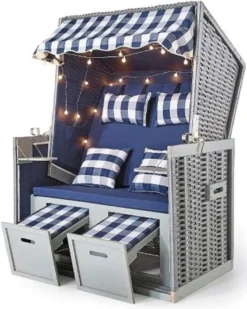 Casa Padrino Strandkorb Grau / Blau / Weiß 116 x 76 x H. 160 cm - Holz Strandkorb mit Dach und LED Beleuchtung - Garten Möbel - Pool Möbel - Outdoor Möbel