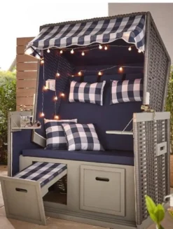 Casa Padrino Strandkorb Grau / Blau / Weiß 116 x 76 x H. 160 cm - Holz Strandkorb mit Dach und LED Beleuchtung - Garten Möbel - Pool Möbel - Outdoor Möbel
