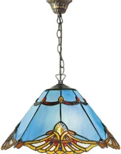 Casa Padrino Tiffany Hängeleuchte im Jugendstil Blau / Mehrfarbig Ø 40 x H. 92 cm - Handgefertigte Pendelleuchte aus Glas und Metall