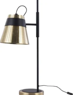 Casa Padrino Tischleuchte Antik Gold / Schwarz 17,5 x 26 x H. 55,5 cm - Moderne Tischlampe mit Lampenschirm aus perforiertem Metall
