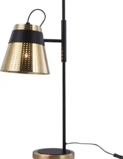 Casa Padrino Tischleuchte Antik Gold / Schwarz 17,5 x 26 x H. 55,5 cm - Moderne Tischlampe mit Lampenschirm aus perforiertem Metall