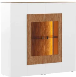 Casa Padrino Vitrinenschrank Weiß / Braun 111 x 40 x H. 138 cm - Moderne Beleutete Massivholz Vitrine - Wohnzimmer Schrank - Barschrank - Wohnzimmer Möbel