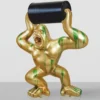 Casa Padrino XXL Deko Skulptur Gorilla mit Fass Gold / Grün / Schwarz H. 240 cm