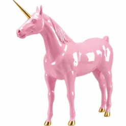Casa Padrino XXL Deko Skulptur Einhorn Pferd Rosa / Gold 245 cm - Lebensgroße Deko Figur - XXL Tierfigur - Garten Skulptur