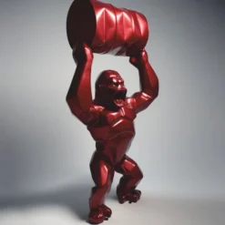 Casa Padrino XXL Garten Deko Skulptur Gorilla mit Fass Metallic Rot H. 250 cm - Große Garten Figur - XXL Tierfigur
