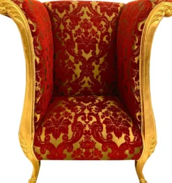 Extravaganter Pompöös by Casa Padrino Luxus Designer Sessel von Harald Glööckler Bordeauxrot Bouquet Muster / Gold - Pompööser Barock Sessel