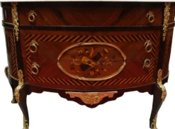 Französische Antik Stil Kommode Intarsien Braun mit weißer Marmorplatte - Barock Möbel