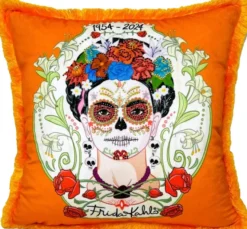 Frida Kahlo by Casa Padrino Luxus Deko Kissen mit Strass Steinen Orange / Bunt