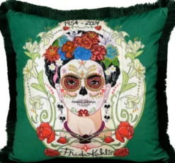 Frida Kahlo by Casa Padrino Luxus Deko Kissen mit Strass Steinen Grün / Bunt