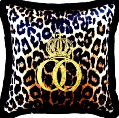 Harald Glööckler Luxus Deko Kissen Pompöös by Casa Padrino Leopard mit Strass Steinen Schwarz / Orange / Gold Leo - Feinster Samtstoff - Glööckler Kissen