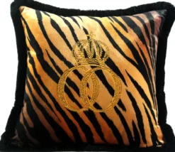 Harald Glööckler Luxus Deko Kissen Pompöös by Casa Padrino Krone Deluxe Tiger mit Strass Steinen Schwarz / Orange / Gold - Feinster Samtstoff - Glööckler Kissen