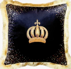 Harald Glööckler Luxus Kissen Pompöös by Casa Padrino Krone Schwarz / Gold - Feinster Samtstoff - Glööckler Deko Kissen mit Strass Steinen