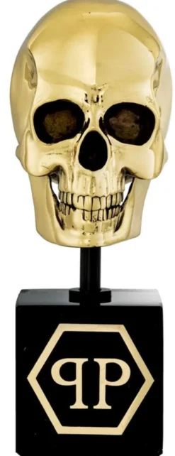Philipp Plein Luxus Designer Deko Totenkopf Gold / Schwarz H. 20cm - Skull Skulptur aus Marmorsockel