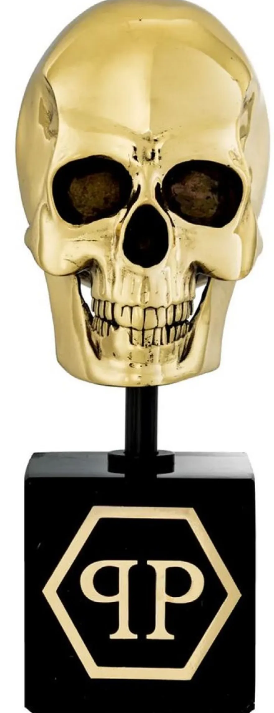 Philipp Plein Luxus Designer Deko Totenkopf Gold / Schwarz H. 20cm - Skull Skulptur aus Marmorsockel