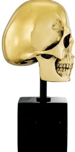 Philipp Plein Luxus Designer Deko Totenkopf Gold / Schwarz H. 20cm - Skull Skulptur aus Marmorsockel