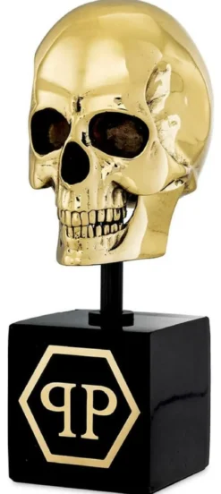 Philipp Plein Luxus Designer Deko Totenkopf Gold / Schwarz H. 20cm - Skull Skulptur aus Marmorsockel