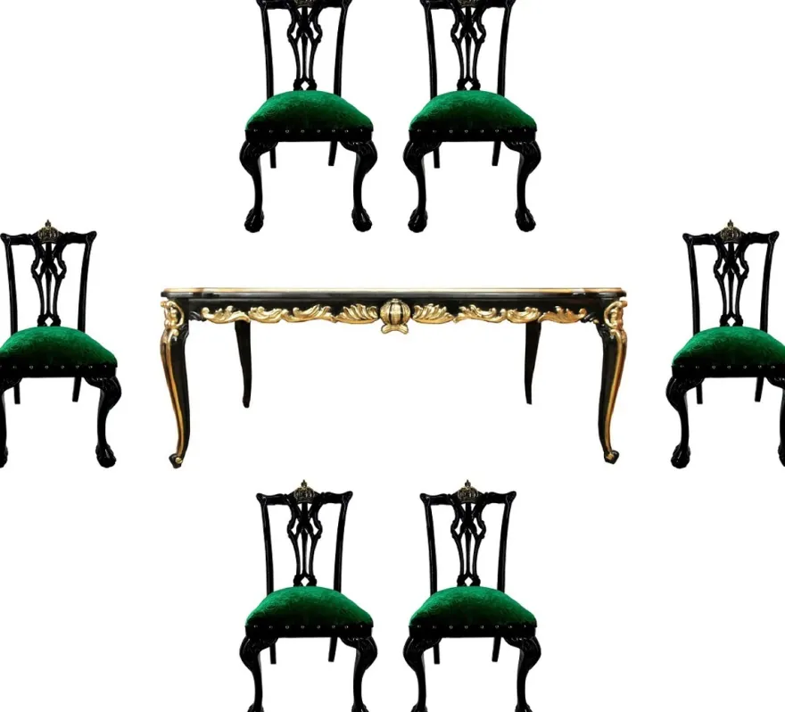 Pompöös by Casa Padrino Barock Luxus Esszimmer Set Grün / Schwarz / Gold - 1 Barock Esstisch mit Glasplatte und 6 Barock Esszimmerstühle designed by Harald Glööckler - Pompööse Barock Möbel
