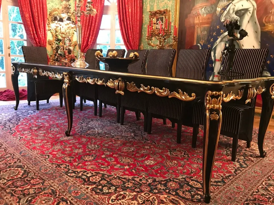 Pompöös by Casa Padrino Barock Luxus Esstisch mit Glasplatte Schwarz / Gold 350 x 120 x H. 80 cm - Pompööser Barock Esstisch designed by Harald Glööckler