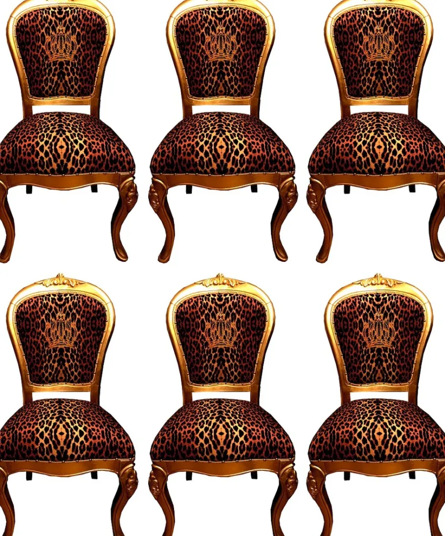 Pompöös by Casa Padrino Luxus Barock Esszimmerstühle Krone mit Glitzersteinen Leopard / Gold - Esszimmer Set - 6 Pompööse Barock Stühle designed by Harald Glööckler