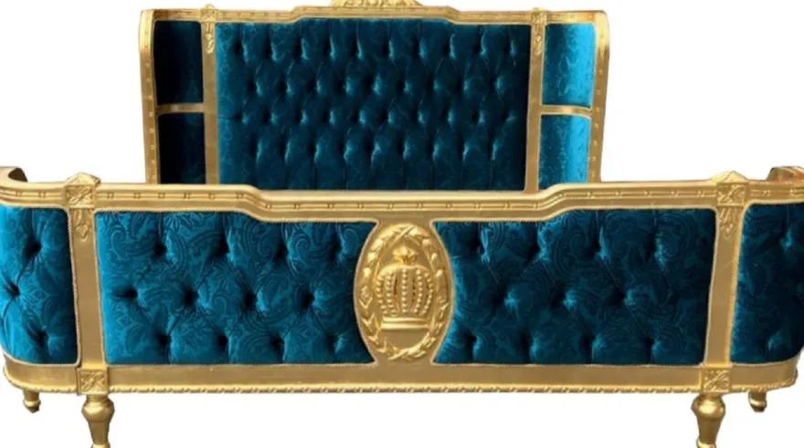 Pompöös by Casa Padrino Luxus Barock Doppelbett Türkis Muster / Gold - Pompööses Barock Bett designed by Harald Glööckler - Schlafzimmer Möbel im Barockstil - Barock Möbel - Edel & Prunkvoll