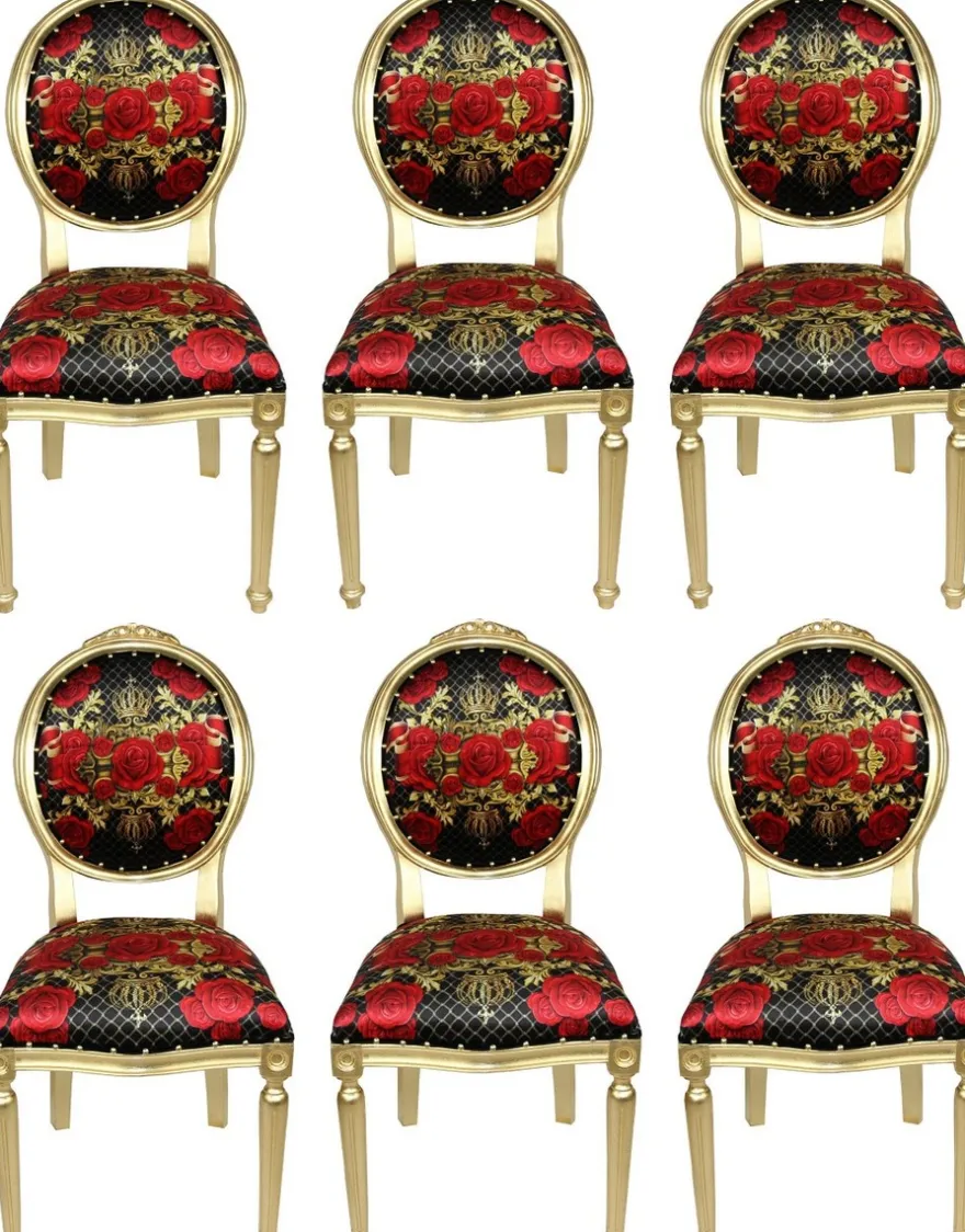 Pompöös by Casa Padrino Luxus Barock Esszimmerstühle Rosen Schwarz / Rot / Gold - Pompööse Barock Stühle designed by Harald Glööckler - 6 Esszimmerstühle