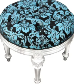 Pompöös by Casa Padrino Luxus Barock Sitzhocker Rund Türkis Schwarz Muster / Silber - Pompööser Barock Hocker designed by Harald Glööckler