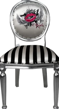 Pompöös by Casa Padrino Luxus Barock Esszimmerstühle Pink Lips Schwarz / Weiß Streifen / Silber - Pompööse Barock Stühle designed by Harald Glööckler - 4 Esszimmerstühle