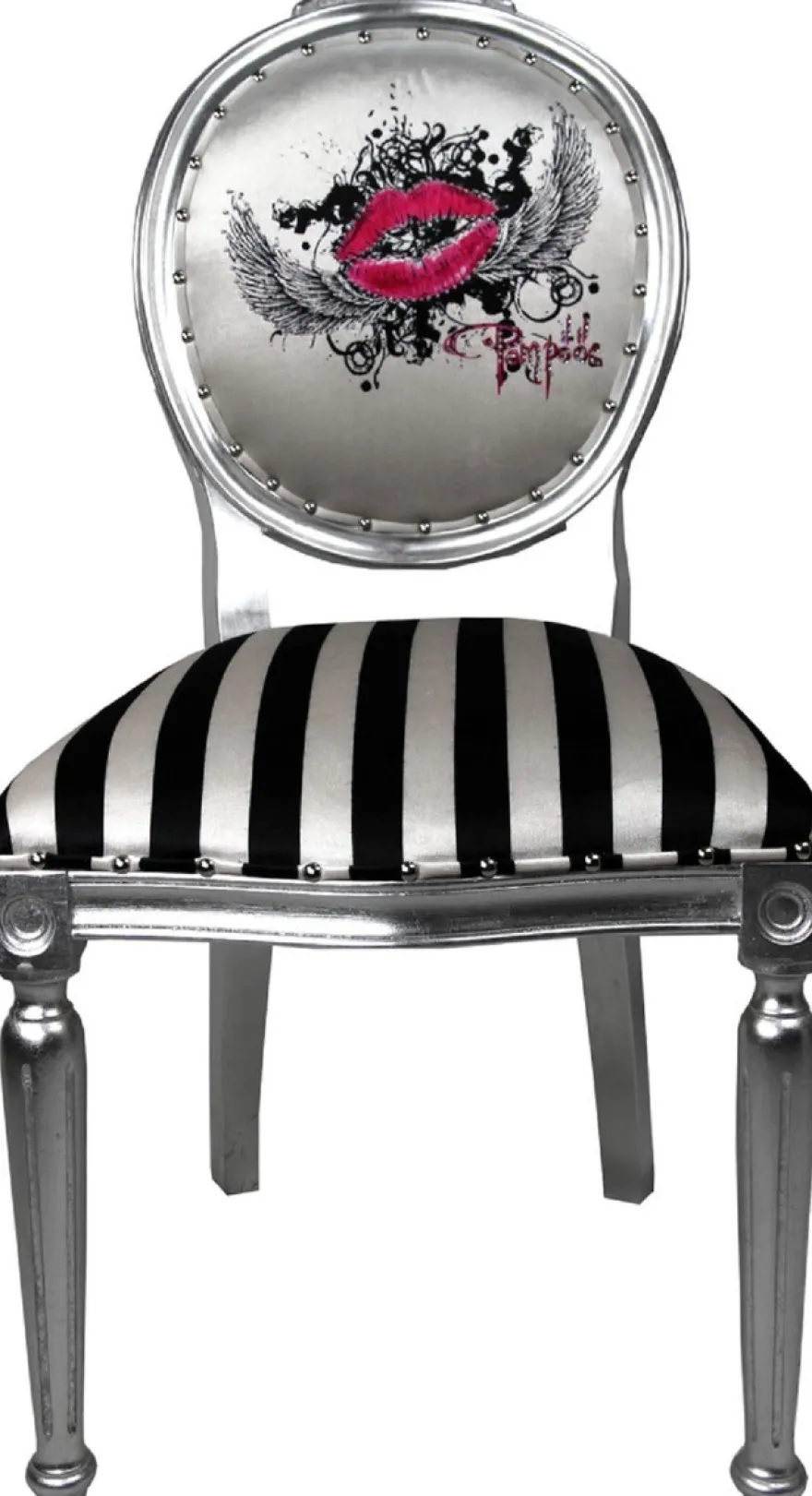 Pompöös by Casa Padrino Luxus Barock Esszimmerstühle Pink Lips Schwarz / Weiß Streifen / Silber - Pompööse Barock Stühle designed by Harald Glööckler - 4 Esszimmerstühle