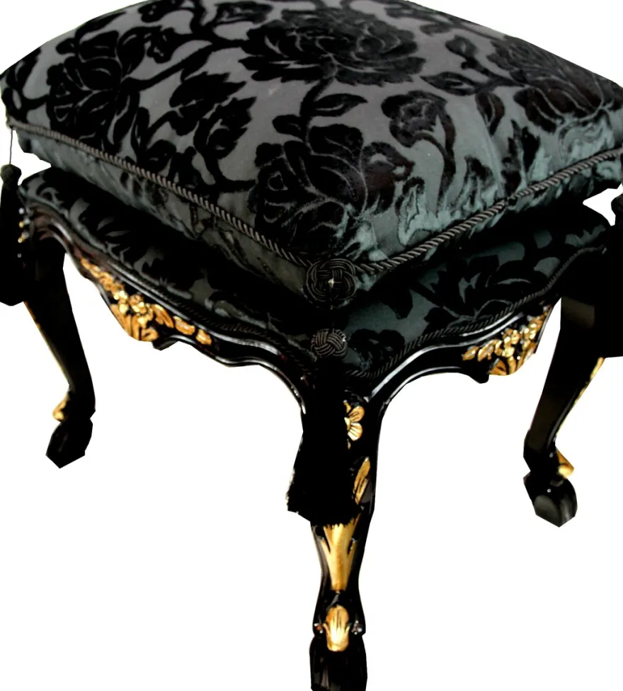 Pompöös by Casa Padrino Luxus Barock Sitzhocker mit Sitzkissen Eckig Schwarz Muster / Gold - Pompööser Barock Hocker designed by Harald Glööckler