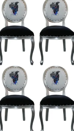 Pompöös by Casa Padrino Luxus Barock Esszimmerstühle Schwarz / Weiß / Silber 50 x 60 x H. 104 cm - Pompööse Barock Stühle designed by Harald Glööckler - 4 Esszimmerstühle