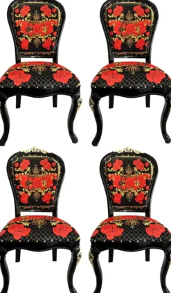 Pompöös by Casa Padrino Luxus Barock Esszimmerstühle Roses Schwarz / Rot / Gold - Esszimmer Set - 4 Pompööse Barock Stühle designed by Harald Glööckler