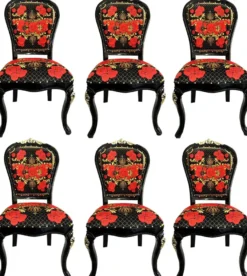 Pompöös by Casa Padrino Luxus Barock Esszimmerstühle Roses Schwarz / Rot / Gold - Esszimmer Set - 6 Pompööse Barock Stühle designed by Harald Glööckler