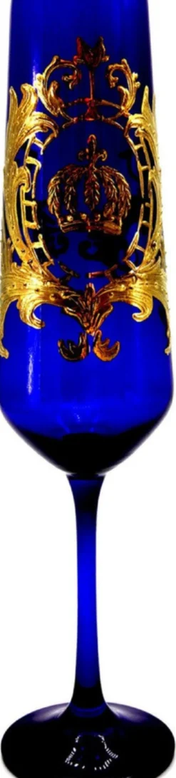 Pompöös by Casa Padrino Luxus Champagnerglas Set Bordeauxrot / Dunkelgrün / Royalblau Ø 6 x H. 25 cm - Champagnergläser mit 24 Karat Vergoldung - Pompööse Gläser designed by Harald Glööckler