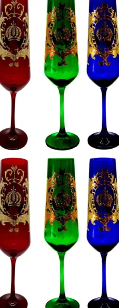 Pompöös by Casa Padrino Luxus Champagnerglas Set Bordeauxrot / Dunkelgrün / Royalblau Ø 6 x H. 25 cm - Champagnergläser mit 24 Karat Vergoldung - Pompööse Gläser designed by Harald Glööckler
