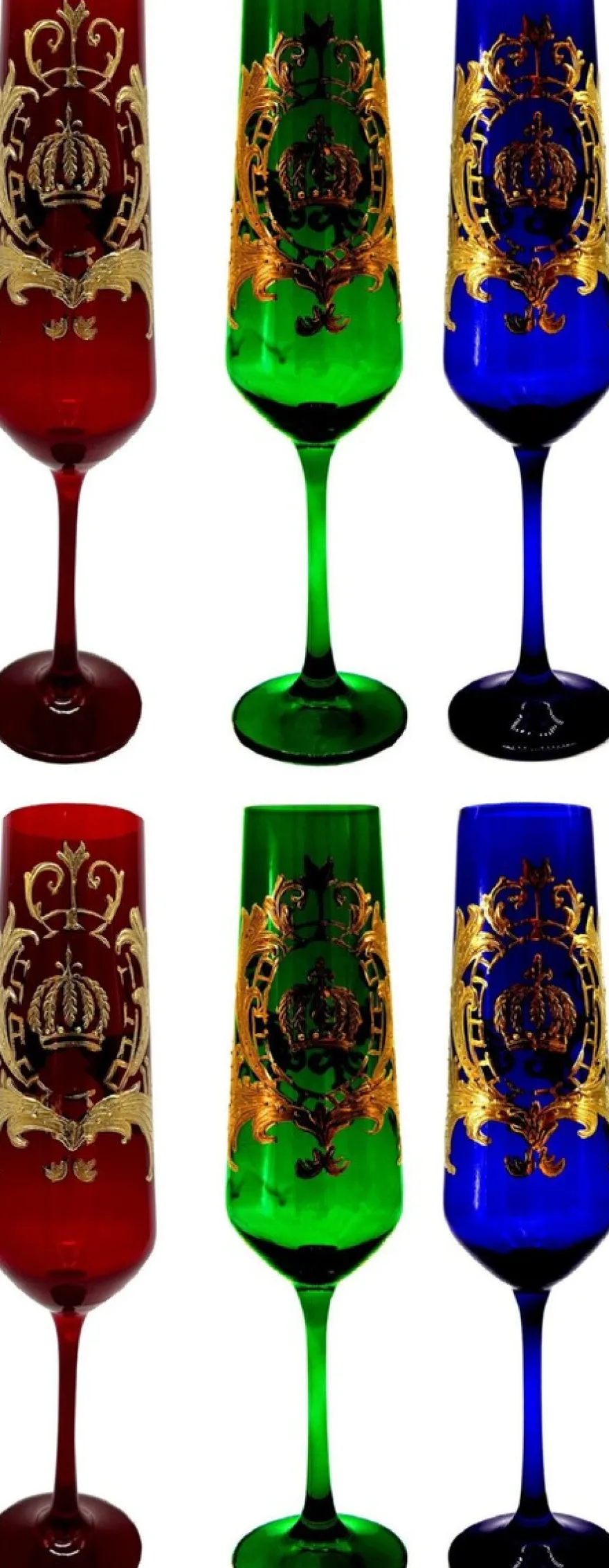Pompöös by Casa Padrino Luxus Champagnerglas Set Bordeauxrot / Dunkelgrün / Royalblau Ø 6 x H. 25 cm - Champagnergläser mit 24 Karat Vergoldung - Pompööse Gläser designed by Harald Glööckler
