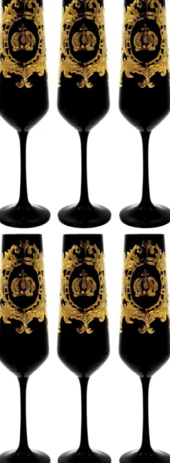 Pompöös by Casa Padrino Luxus Champagner Glas Set Schwarz / Gold Ø 6 x H. 25 cm - Gläser mit 24 Karat Vergoldung - Pompööse Gläser designed by Harald Glööckler