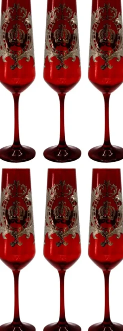 Pompöös by Casa Padrino Luxus Champagnerglas Set Bordeauxrot / Silber Ø 6 x H. 25 cm - Champagnergläser mit edler Platin Beschichtung - Pompööse Gläser designed by Harald Glööckler